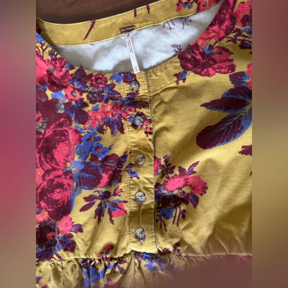 FREE PEOPLE | XS | Harper corduroy floral tiered mini dress top mustard Prairie - Picture 7 of 8